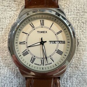 Timex Silver Case Watch with Brown Leather Strap